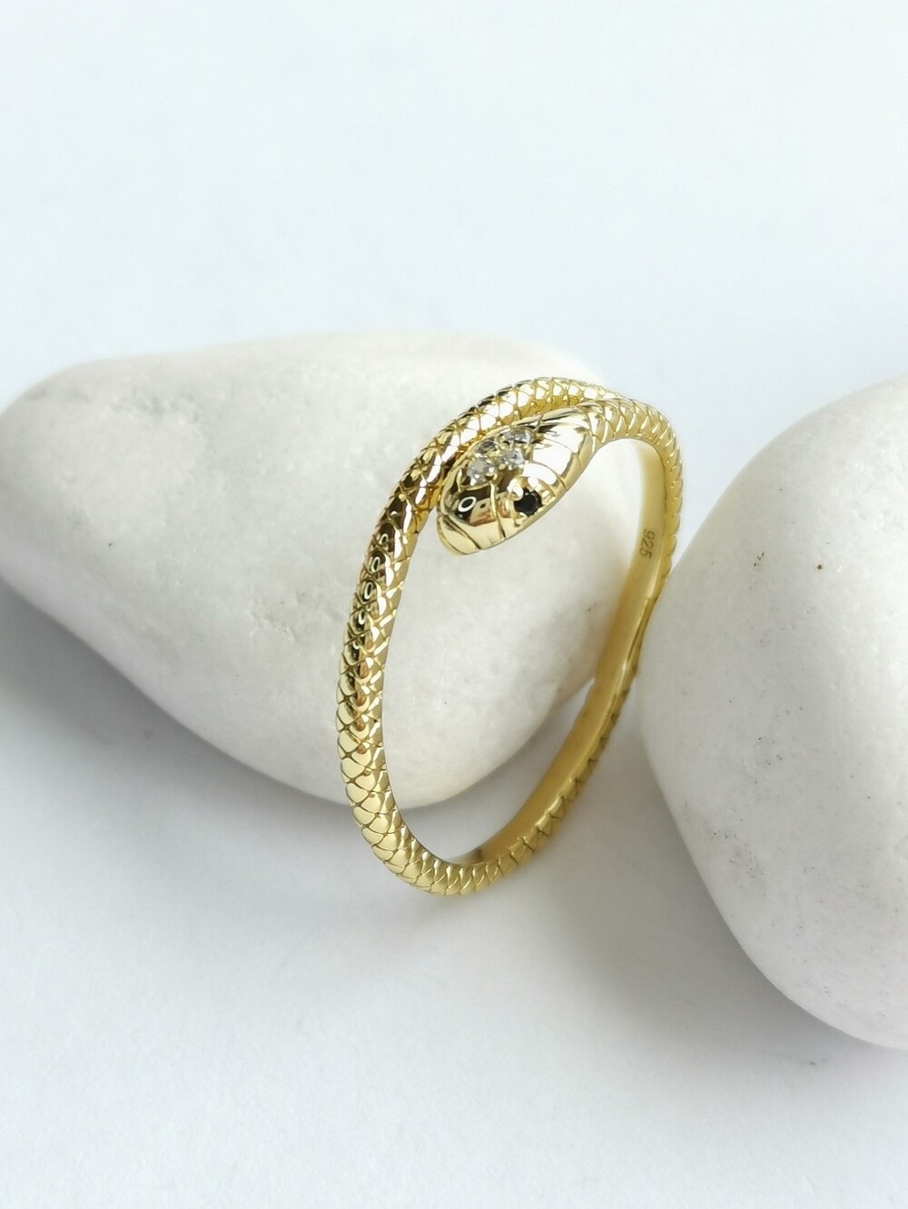 Snake ring 14k Gold over Sterling Silver serpent CZ Black Spinel Size 7 🆕